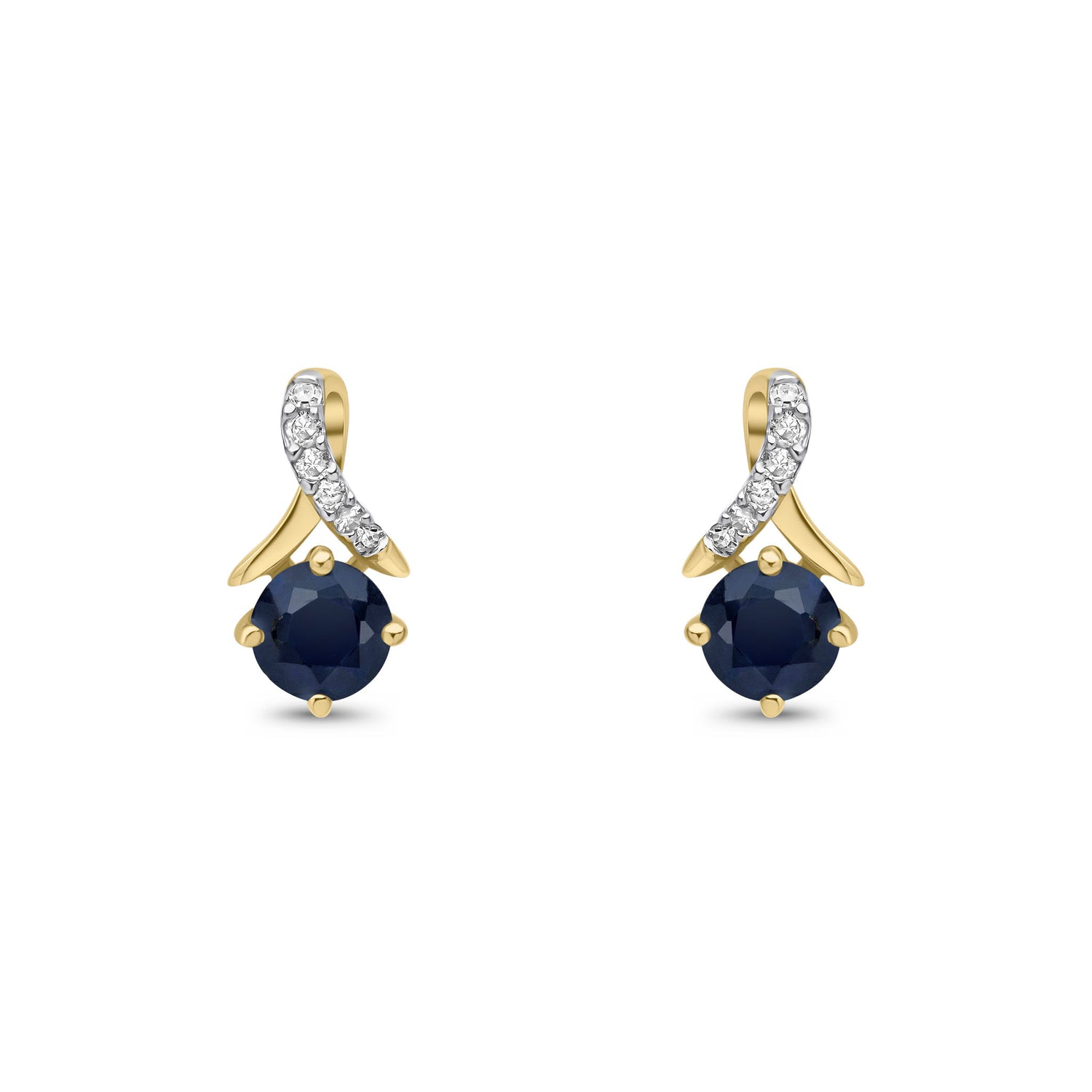 9ct Yellow Gold Natural Round Blue Sapphire and Round Diamond Crossover Stud Earrings
