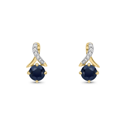 9ct Yellow Gold Natural Round Blue Sapphire and Round Diamond Crossover Stud Earrings