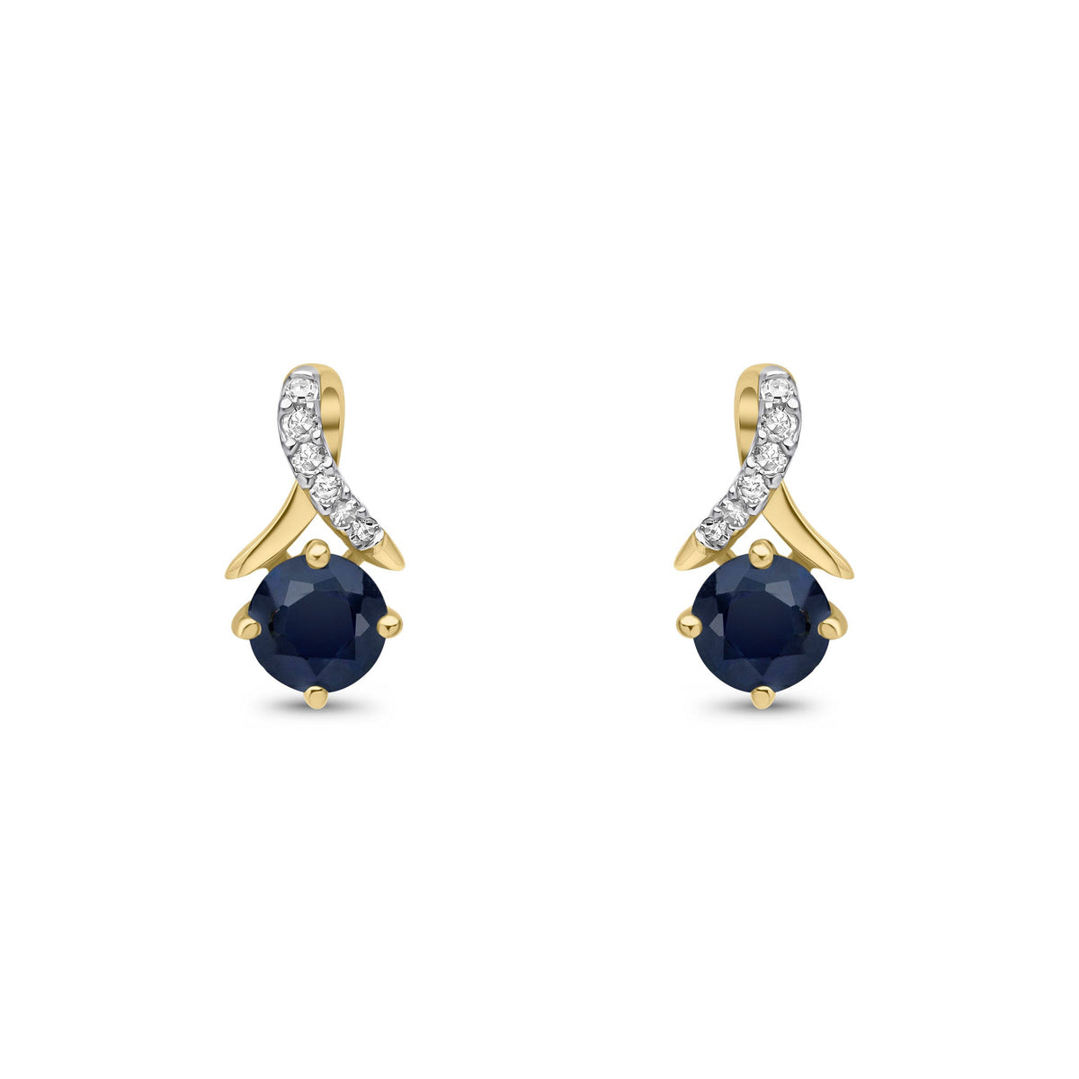 9ct Yellow Gold Round Natural Sapphire & Diamond Crossover Stud Earrings
