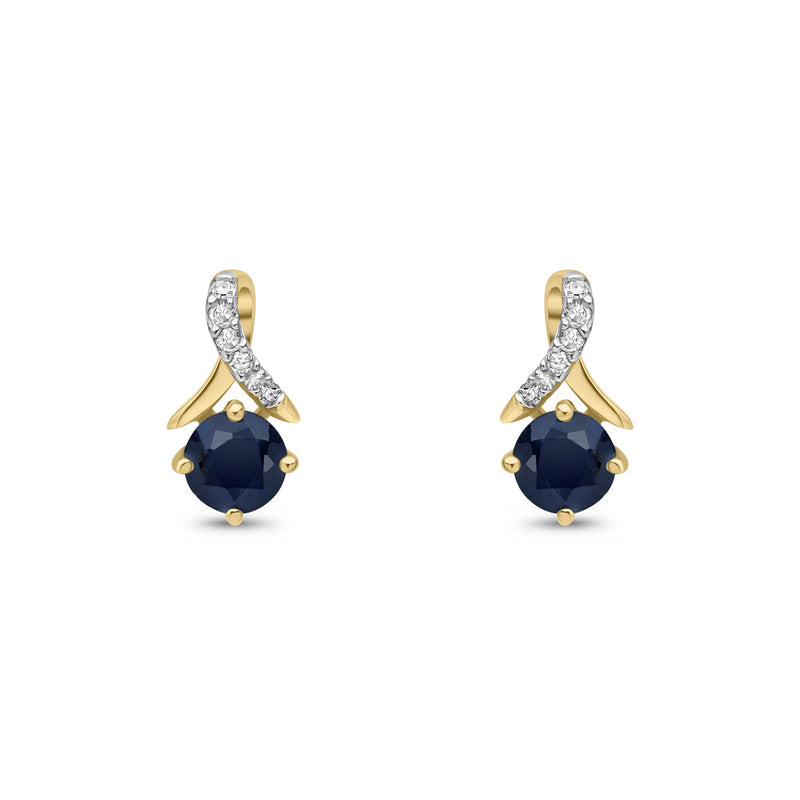 9ct Yellow Gold Round Natural Sapphire & Diamond Crossover Stud Earrings