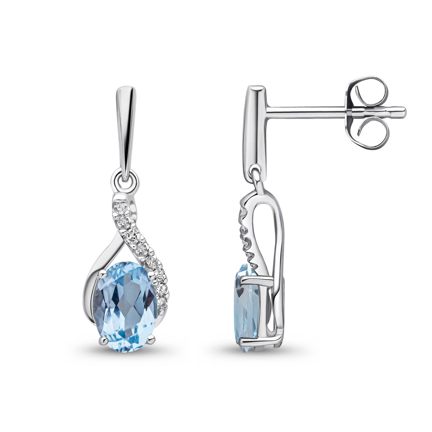 9ct White Gold Natural Oval Swiss Blue Topaz and Round Diamond Crossover Drop Earrings
