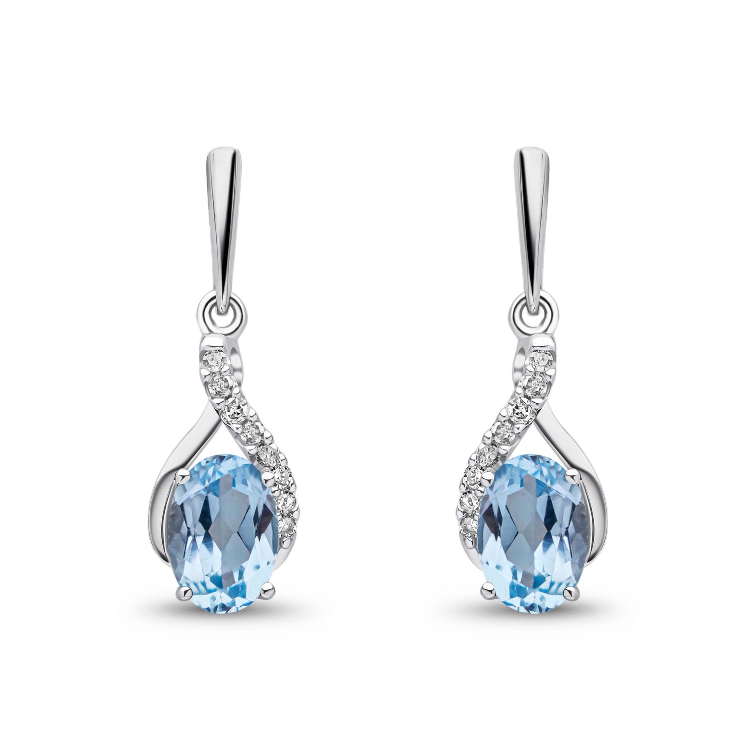 9ct White Gold Natural Oval Swiss Blue Topaz and Round Diamond Crossover Drop Earrings