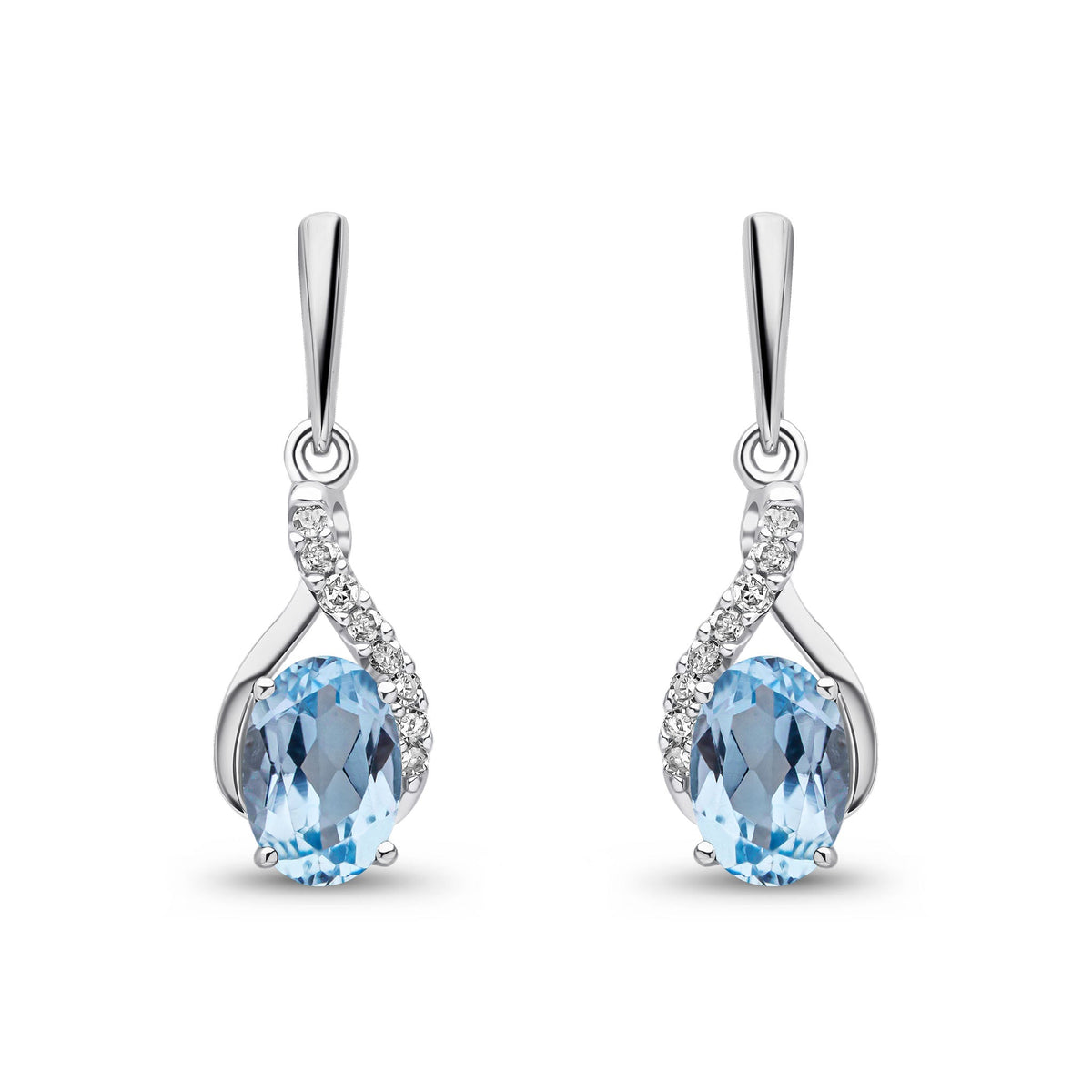 9ct White Gold Oval Natural Swiss Blue Topaz & Diamond Crossover Drop Earrings — 6x4mm