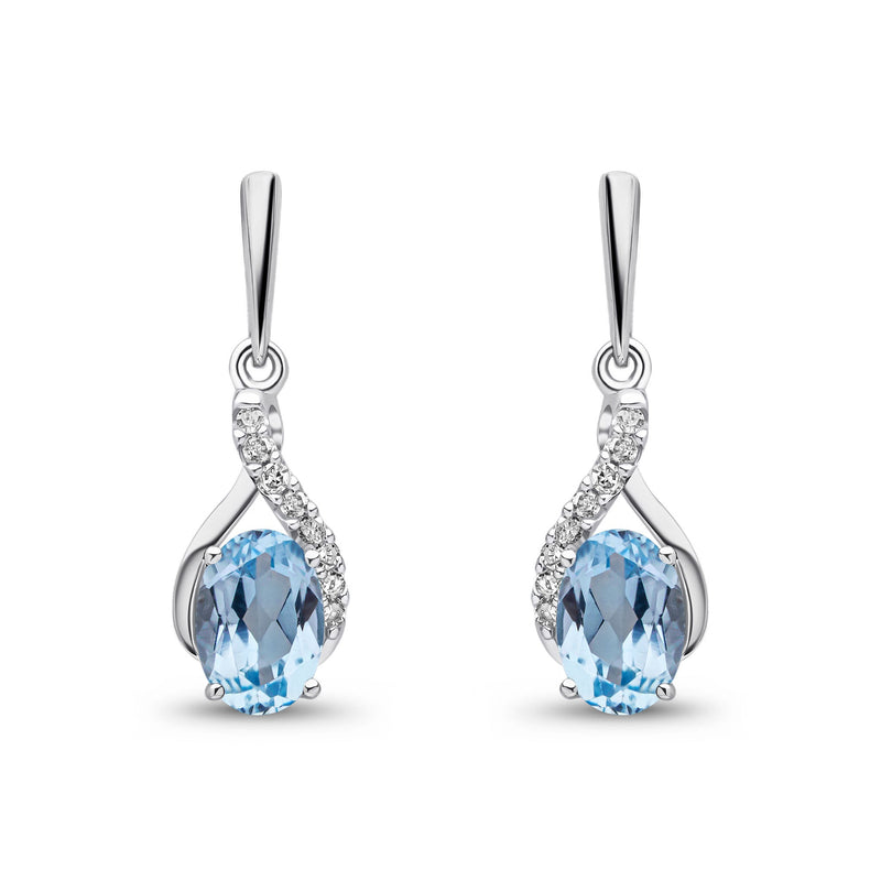 9ct White Gold Oval Natural Swiss Blue Topaz & Diamond Crossover Drop Earrings — 6x4mm