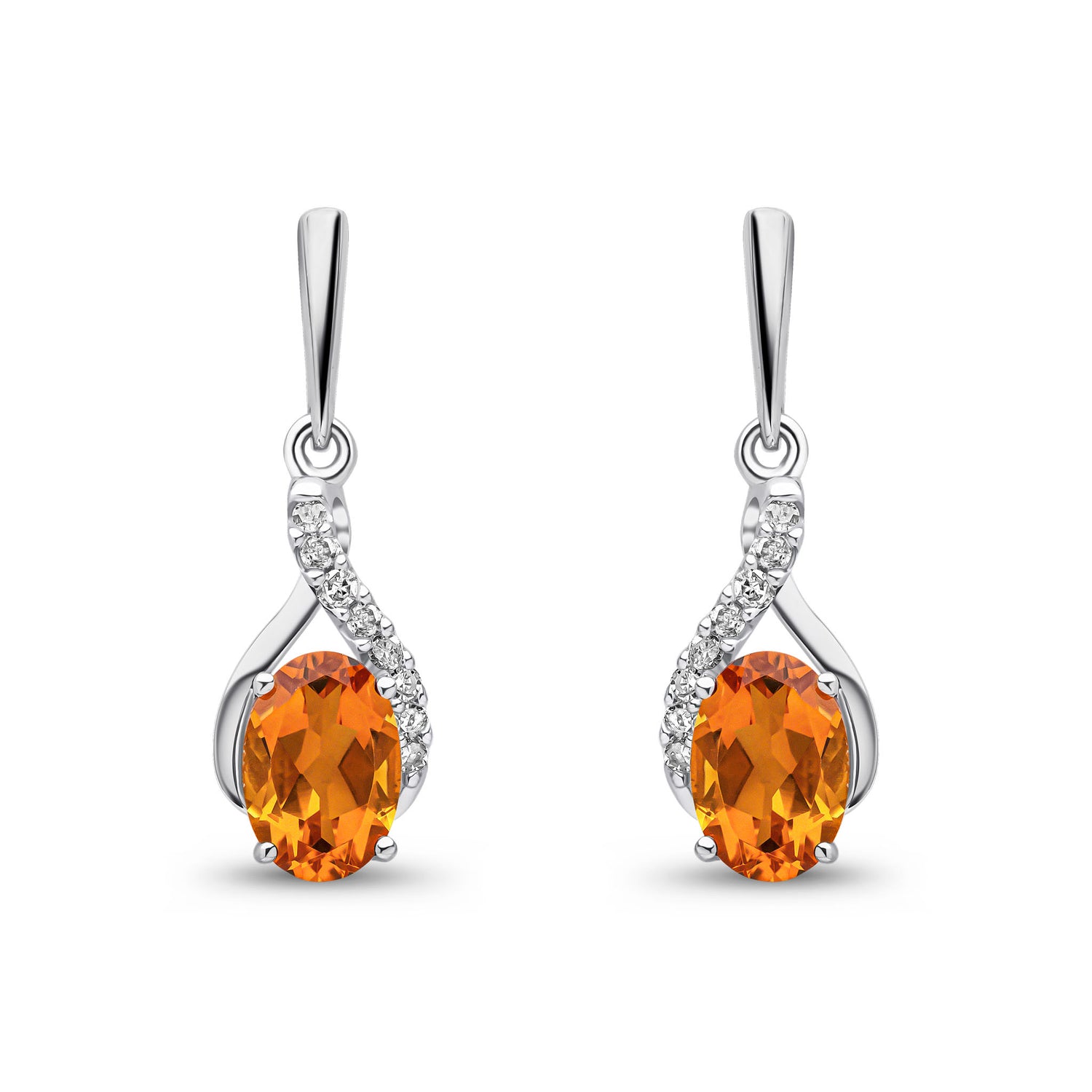 9ct White Gold Natural Oval Citrine and Round Diamond Crossover Drop Earrings