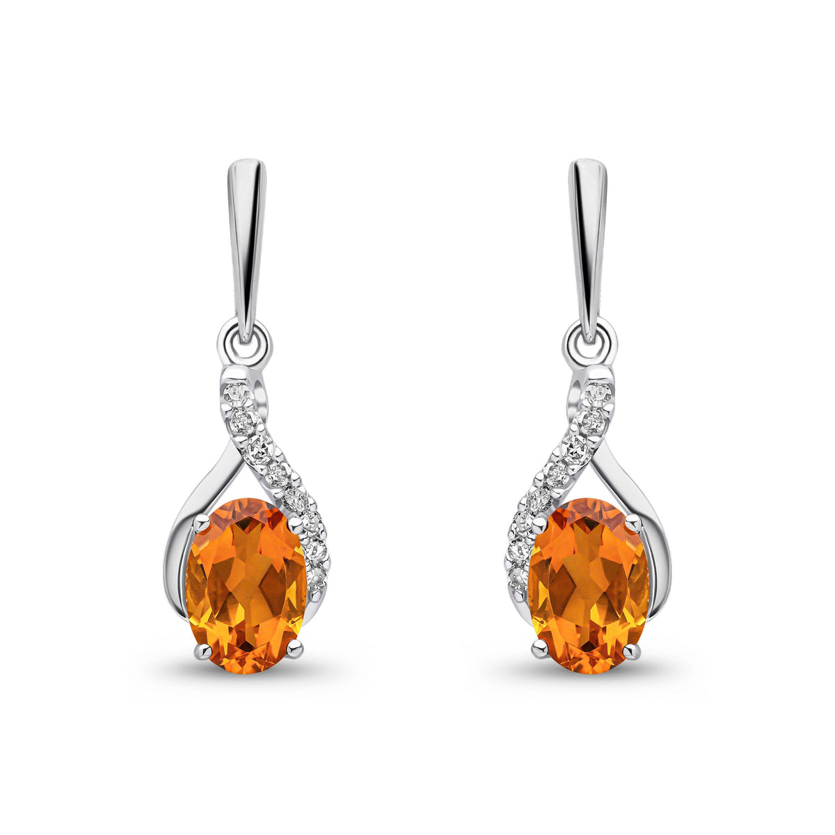 9ct White Gold Oval Natural Citrine & Diamond Crossover Drop Earrings — 6x4mm