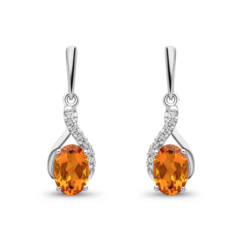 9ct White Gold Oval Natural Citrine & Diamond Crossover Drop Earrings — 6x4mm