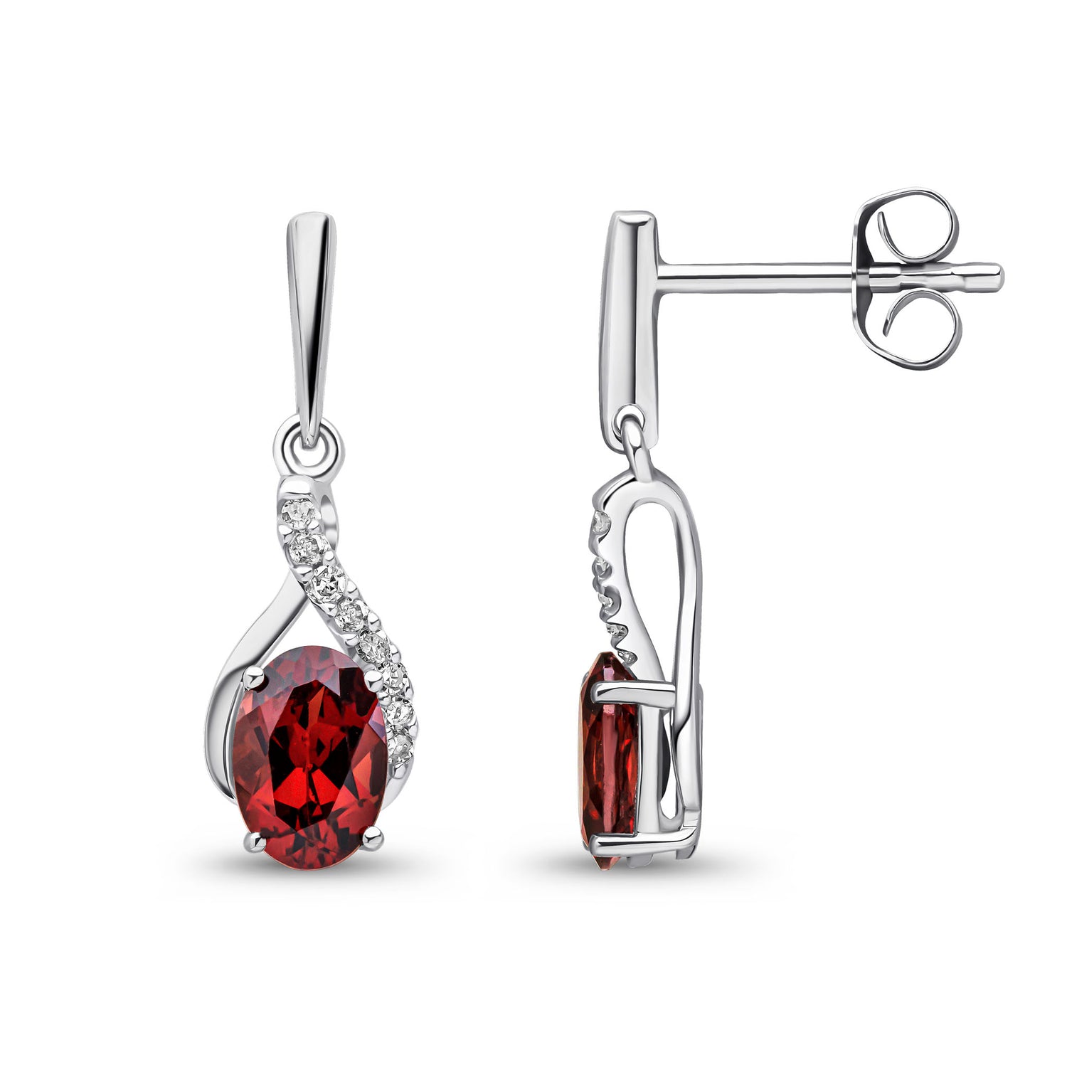 9ct White Gold Natural Oval Garnet and Round Diamond Crossover Drop Earrings