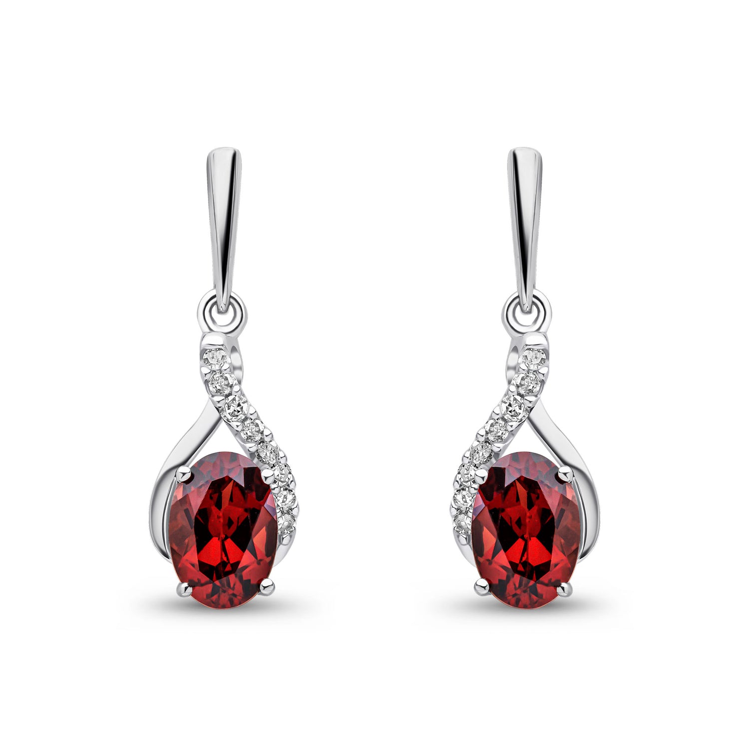 9ct White Gold Natural Oval Garnet and Round Diamond Crossover Drop Earrings