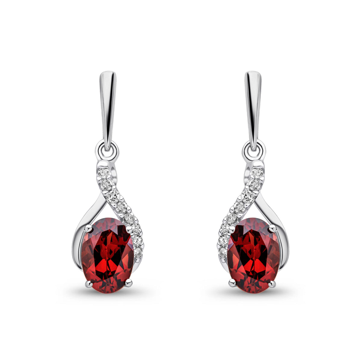 9ct White Gold Oval Natural Garnet & Diamond Crossover Drop Earrings — 6x4mm