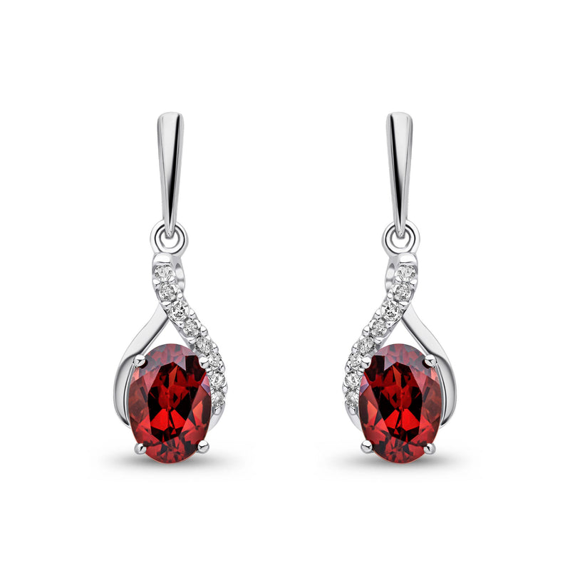 9ct White Gold Oval Natural Garnet & Diamond Crossover Drop Earrings — 6x4mm