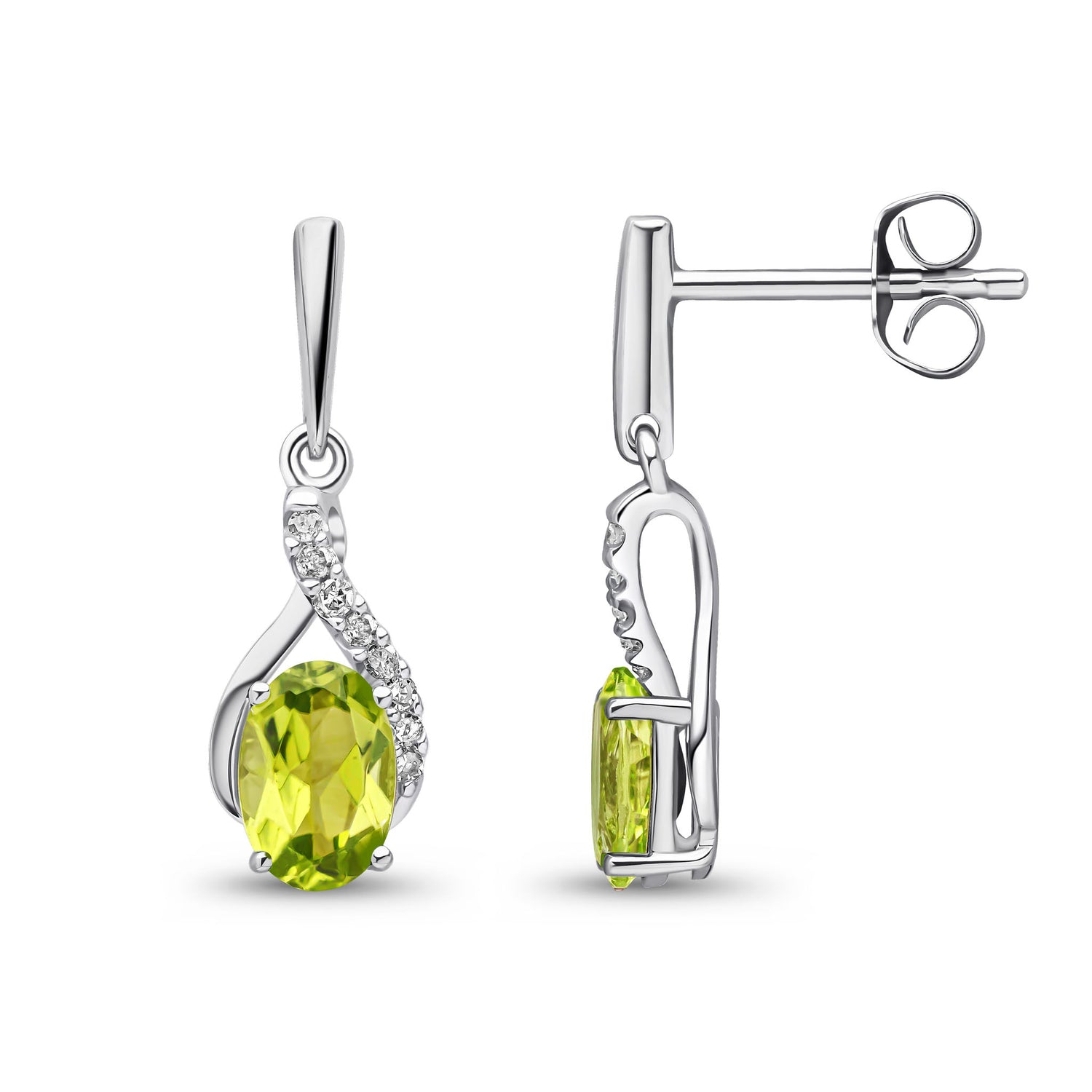 9ct White Gold Natural Oval Peridot and Round Diamond Crossover Drop Earrings