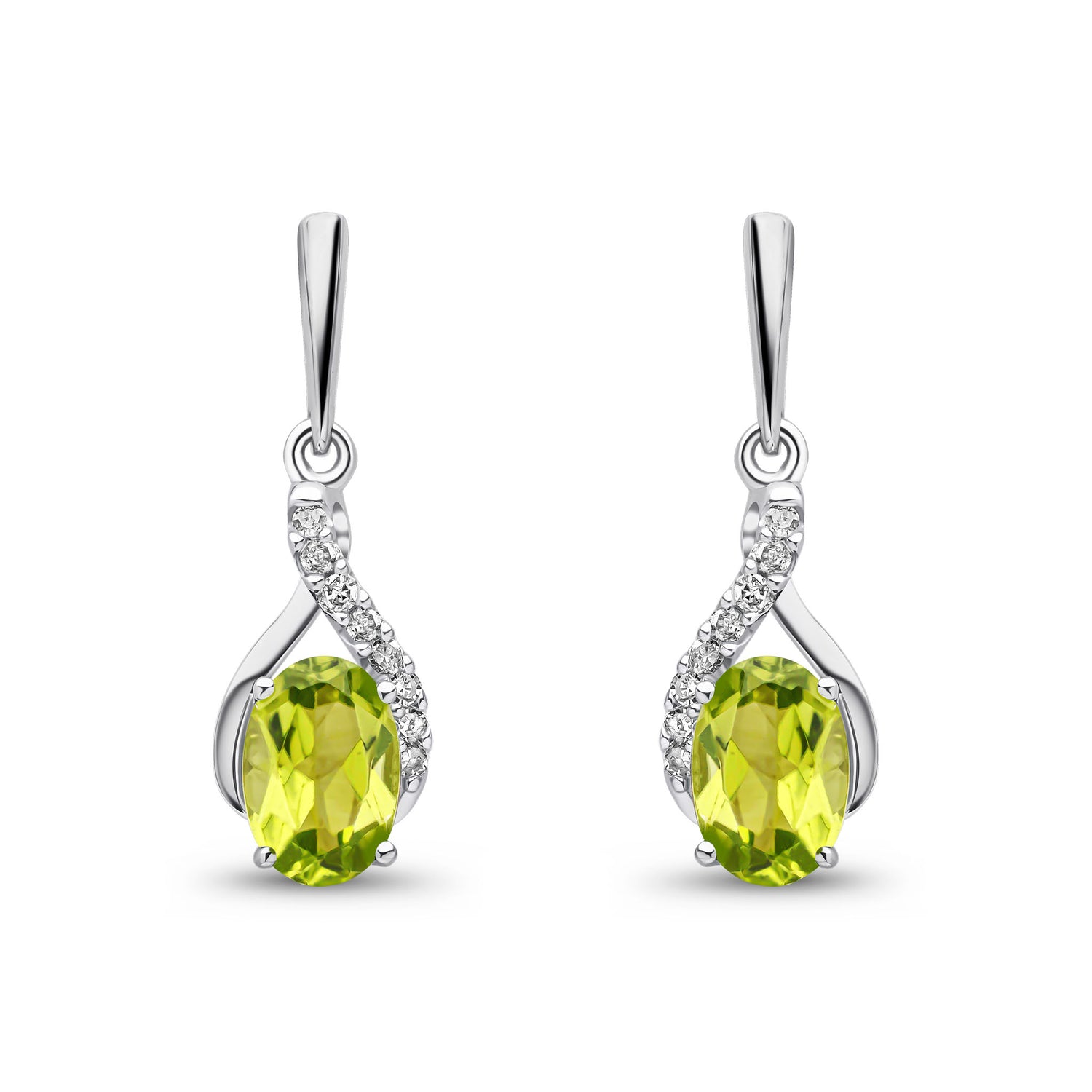 9ct White Gold Natural Oval Peridot and Round Diamond Crossover Drop Earrings