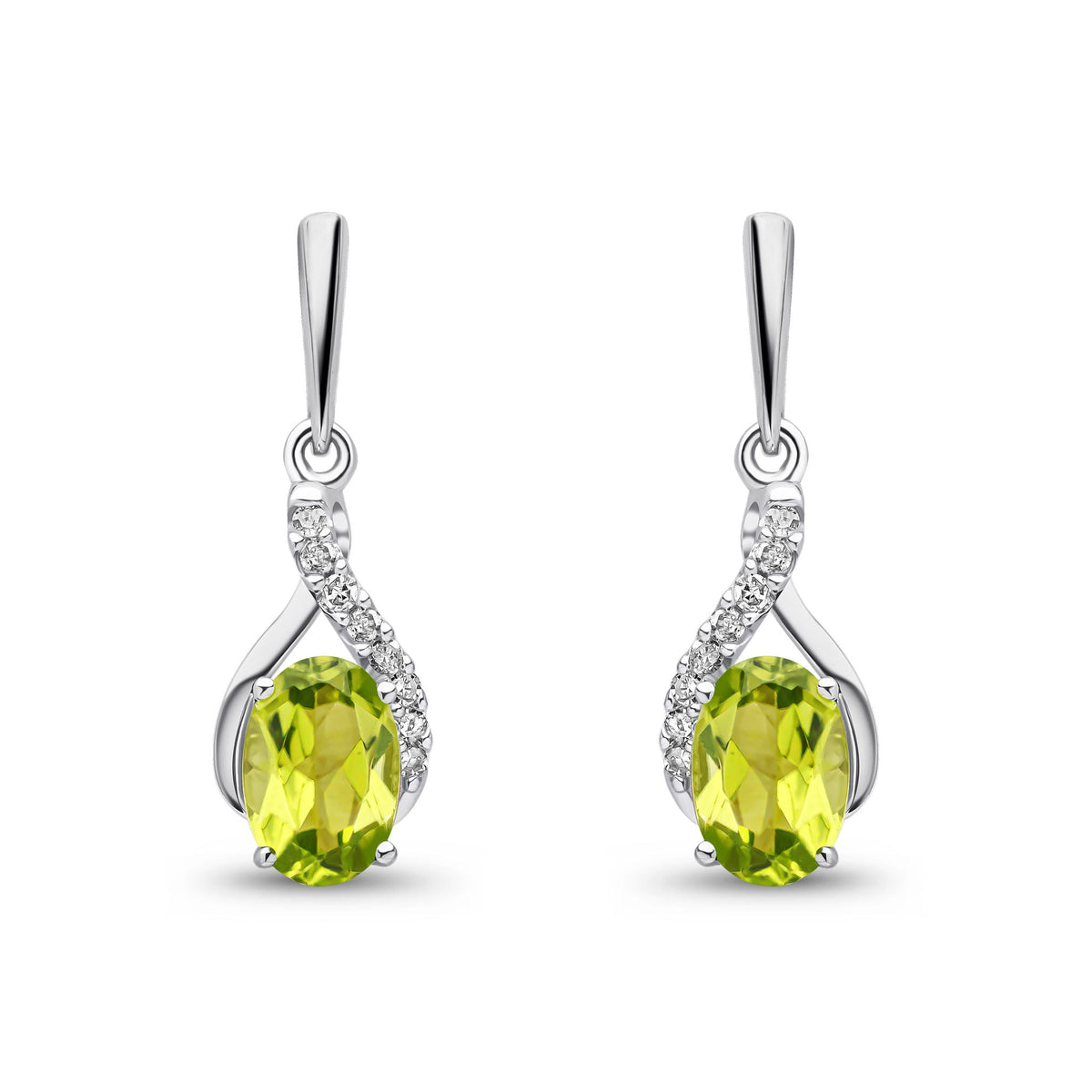 9ct White Gold Oval Natural Peridot & Diamond Crossover Drop Earrings — 6x4mm