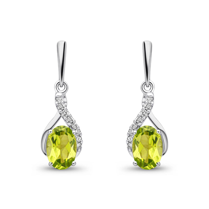 9ct White Gold Oval Natural Peridot & Diamond Crossover Drop Earrings — 6x4mm