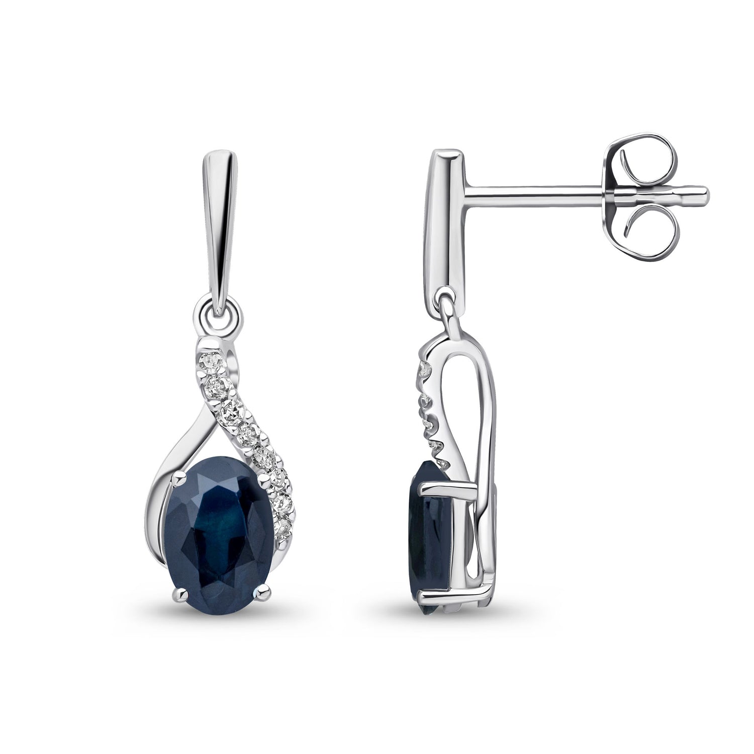 9ct White Gold Natural Oval Blue Sapphire and Round Diamond Crossover Drop Earrings