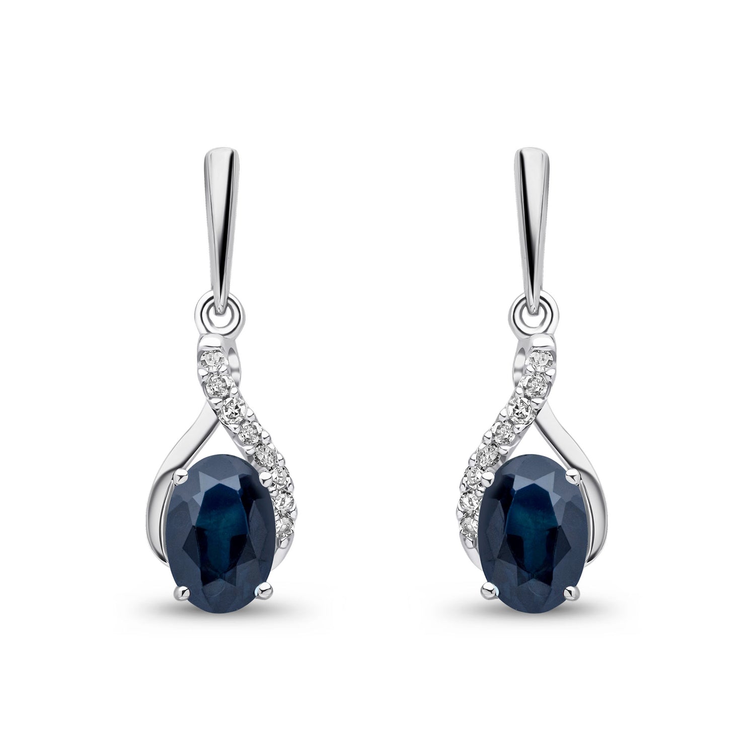 9ct White Gold Natural Oval Blue Sapphire and Round Diamond Crossover Drop Earrings