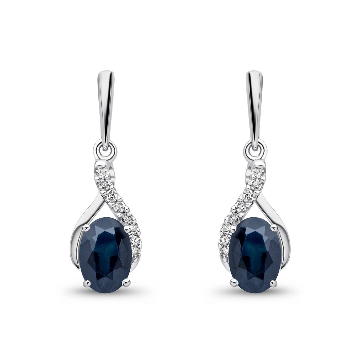 9ct White Gold Oval Natural Sapphire & Diamond Crossover Drop Earrings — 6x4mm