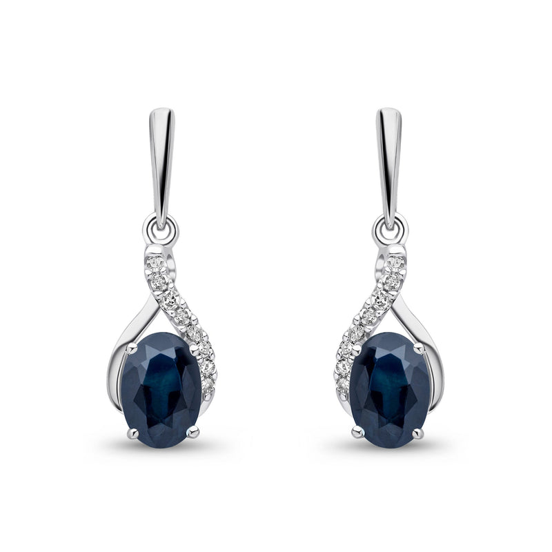 9ct White Gold Oval Natural Sapphire & Diamond Crossover Drop Earrings — 6x4mm