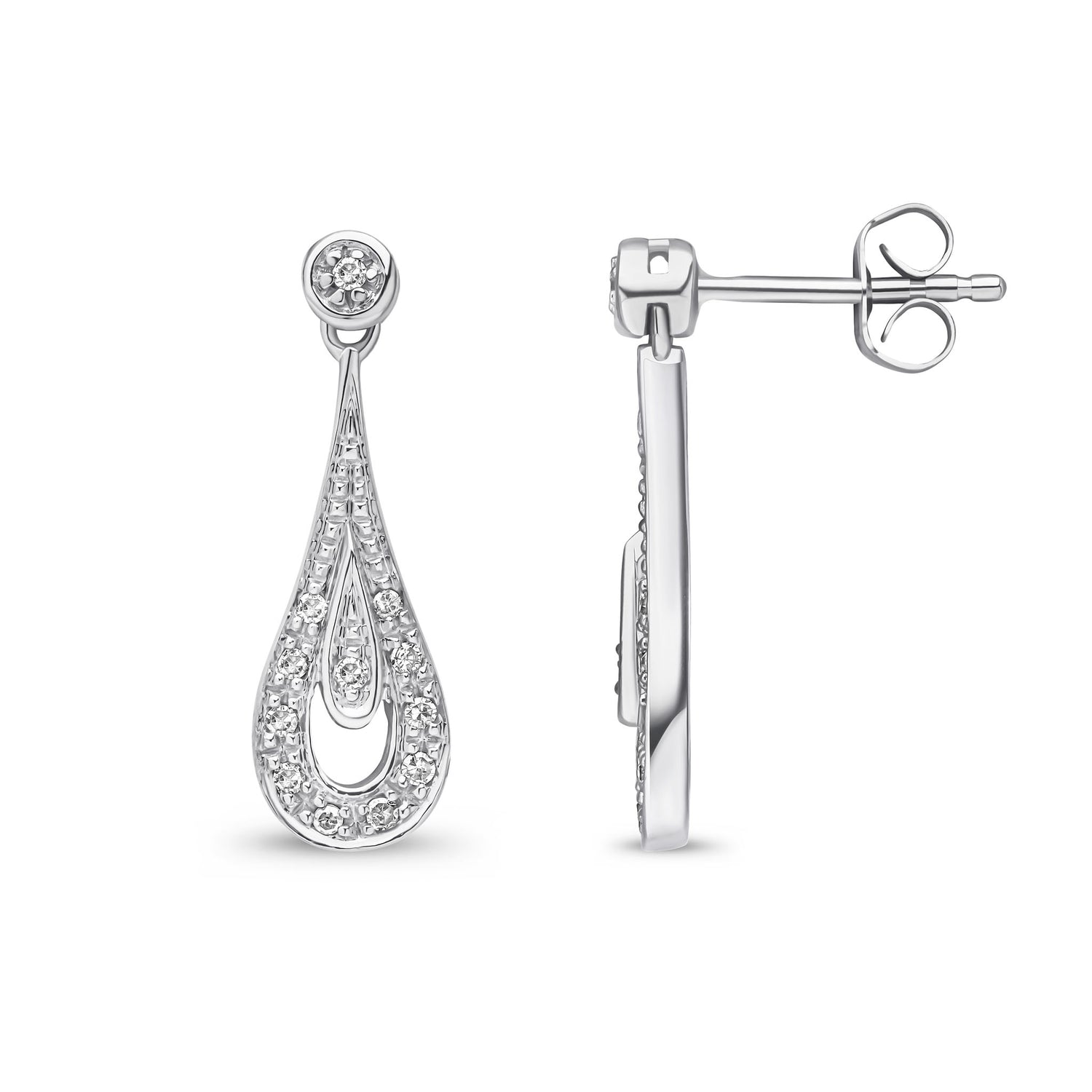 9ct White Gold Natural Round Diamond Teardrop Drop Earrings