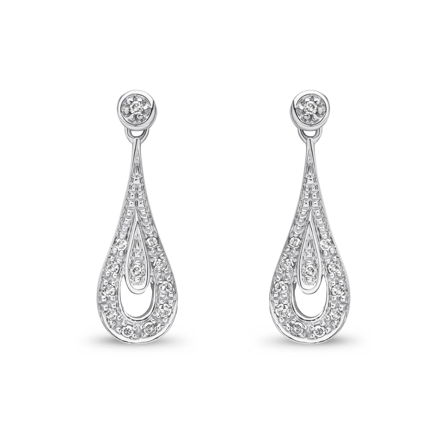 9ct White Gold Natural Round Diamond Teardrop Drop Earrings