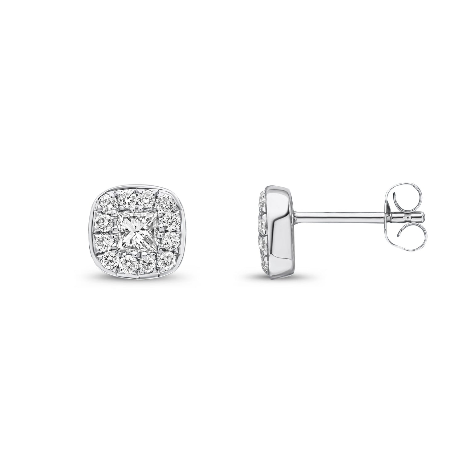 9ct White Gold Natural Princess Cut and Round Diamond Halo Stud Earrings