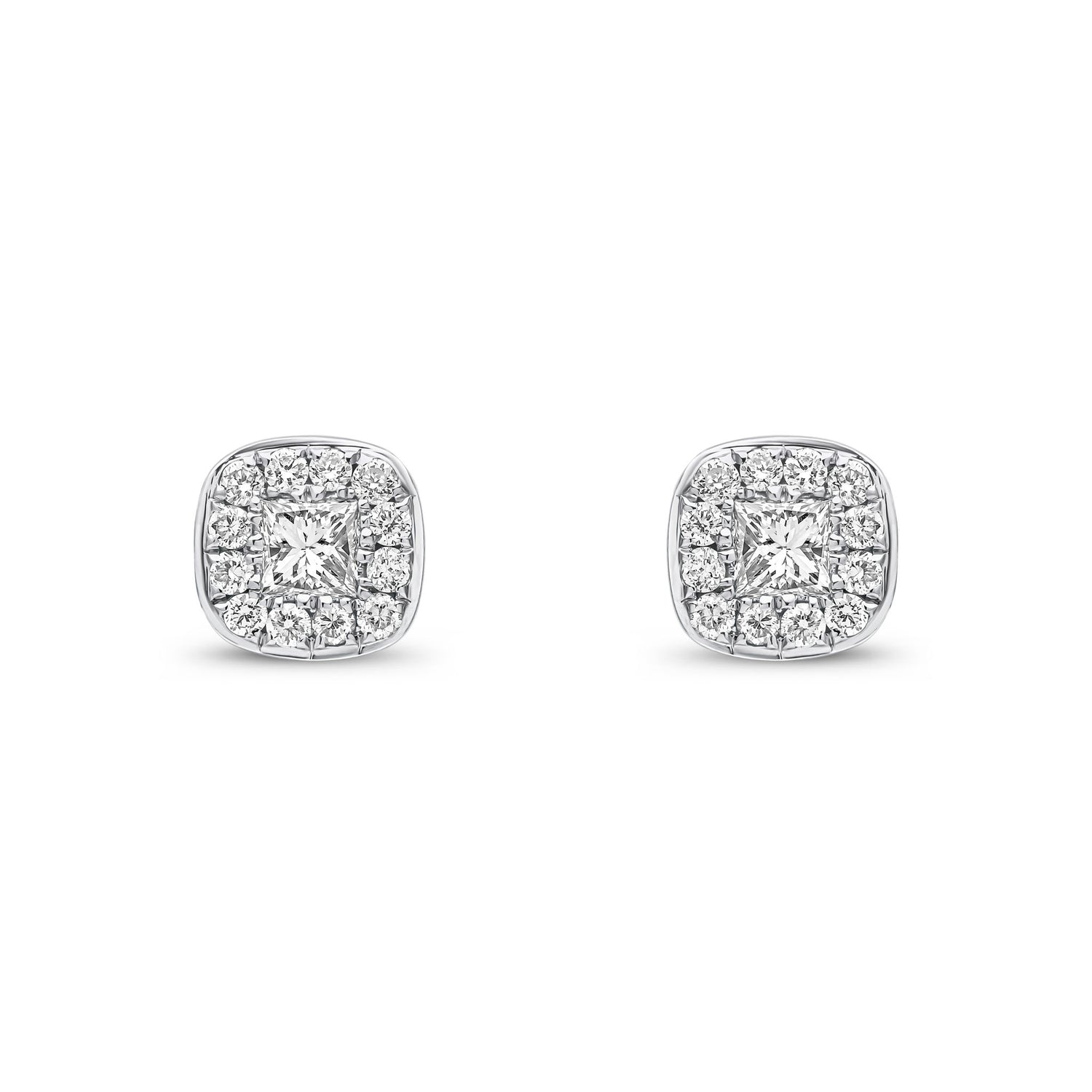 9ct White Gold Natural Princess Cut and Round Diamond Halo Stud Earrings