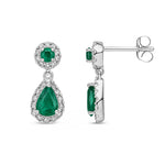 9ct White Gold Natural Emerald & Diamond Teardrop Halo Drop Earrings