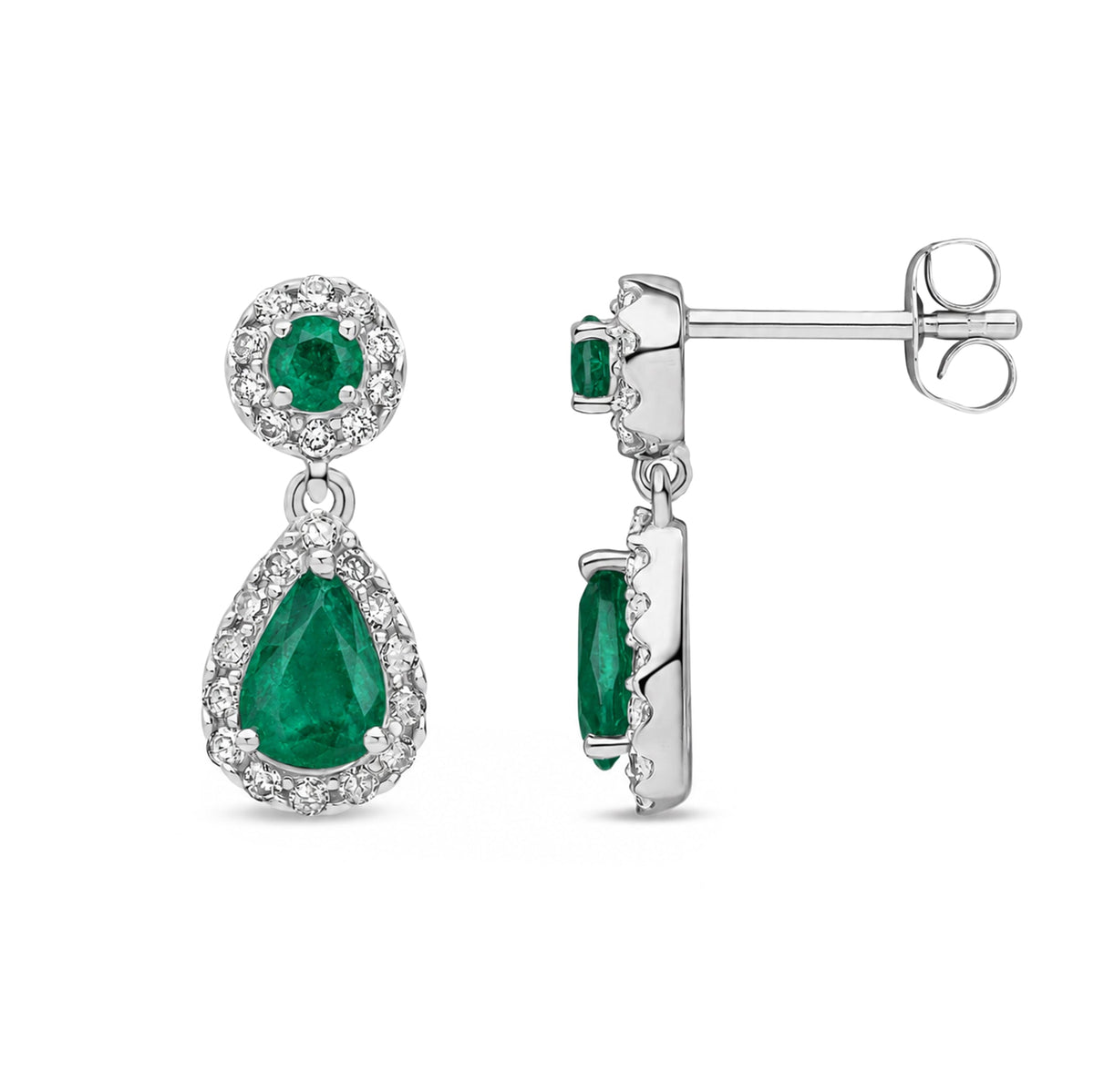 9ct White Gold Natural Emerald & Diamond Teardrop Halo Drop Earrings
