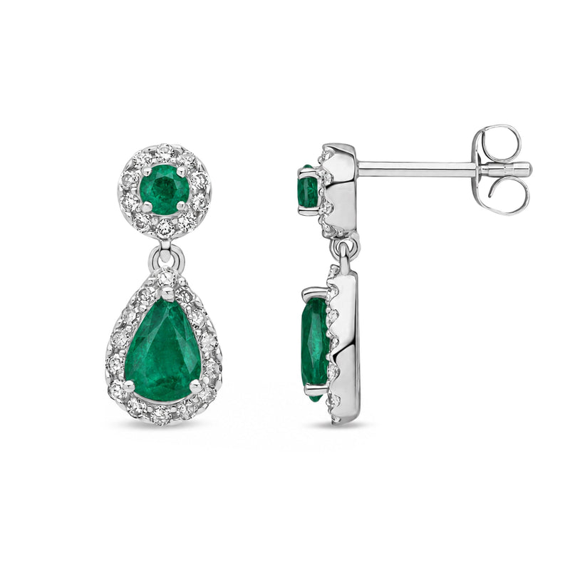 9ct White Gold Natural Emerald & Diamond Teardrop Halo Drop Earrings