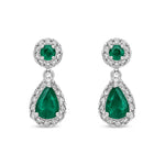 9ct White Gold Natural Emerald & Diamond Teardrop Halo Drop Earrings