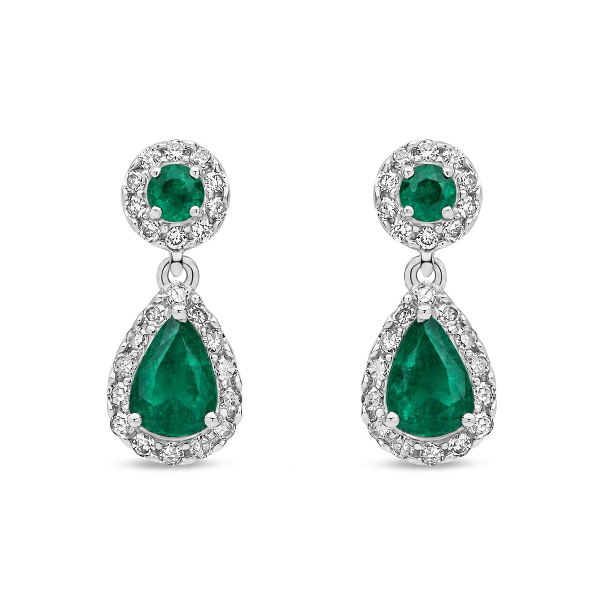 9ct White Gold Natural Emerald & Diamond Teardrop Halo Drop Earrings