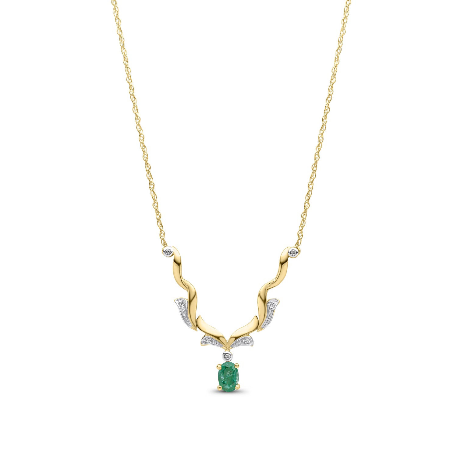 9ct Yellow Gold Natural Oval Emerald and Round Diamond Drop Necklace