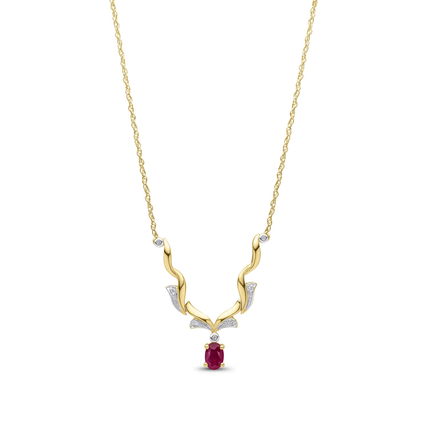 9ct Yellow Gold Natural Oval Ruby and Round Diamond Drop Necklace