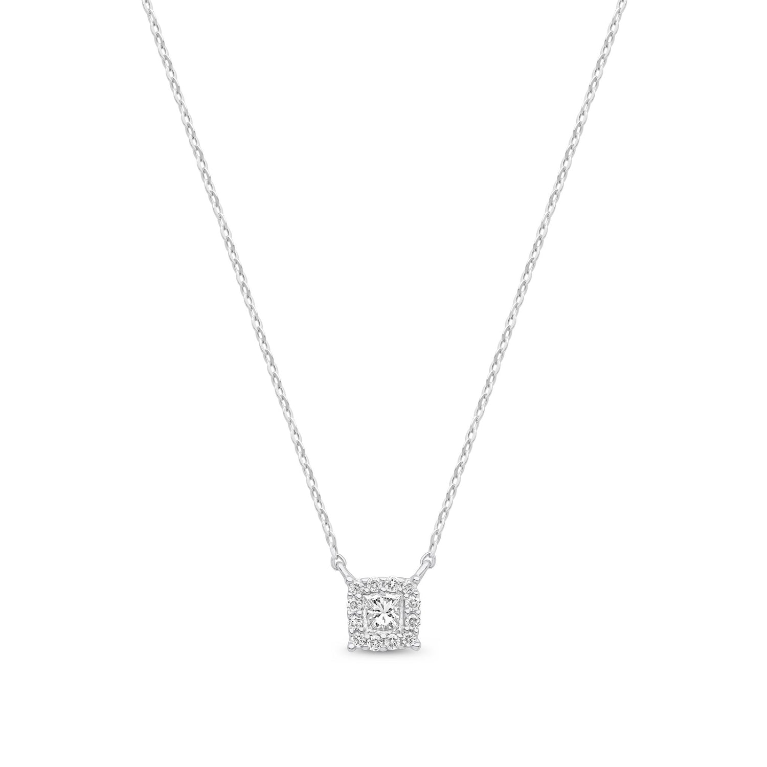 9ct White Gold Natural Princess Cut and Round Diamond Halo Necklace