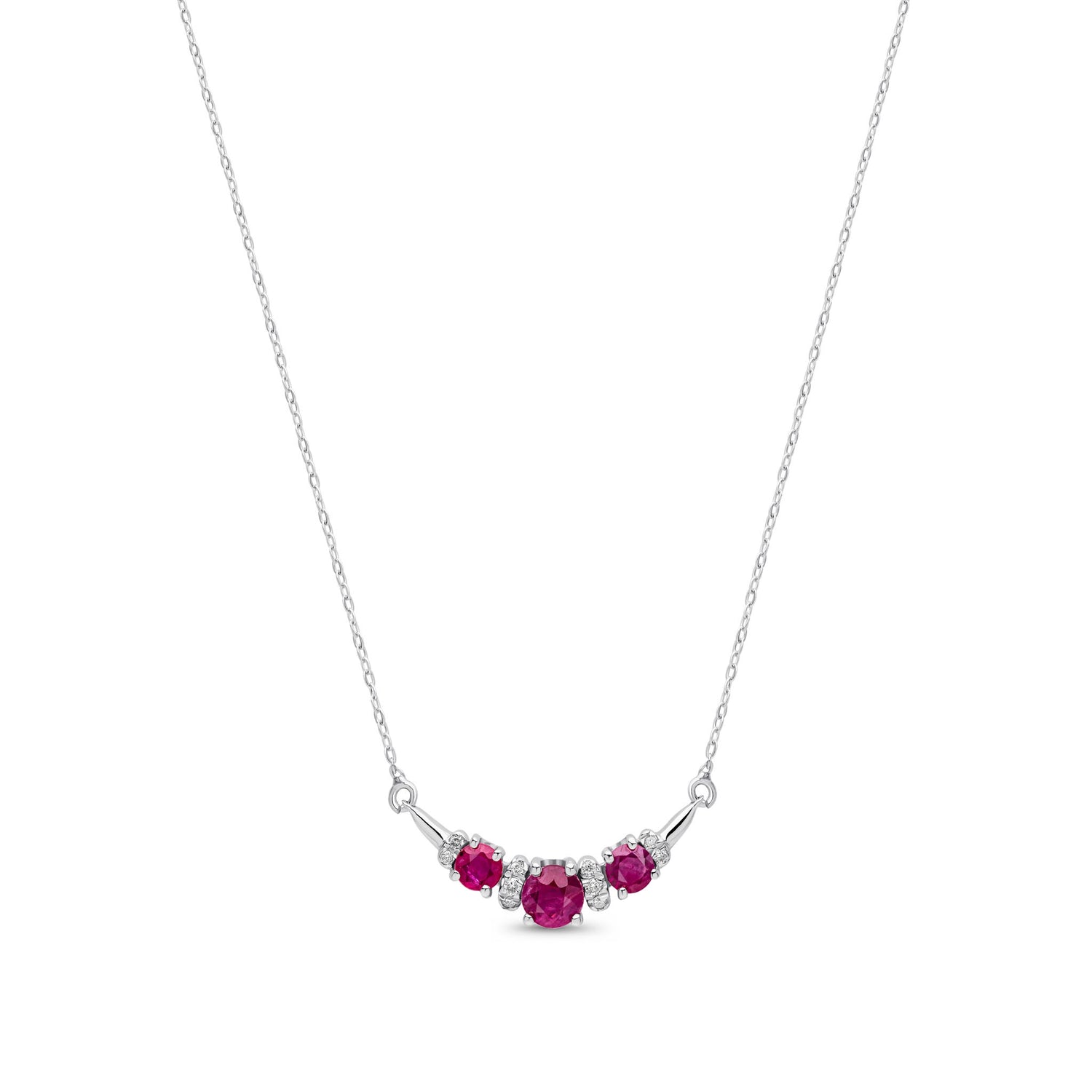9ct White Gold Natural Round Ruby and Round Diamond Bar Necklace