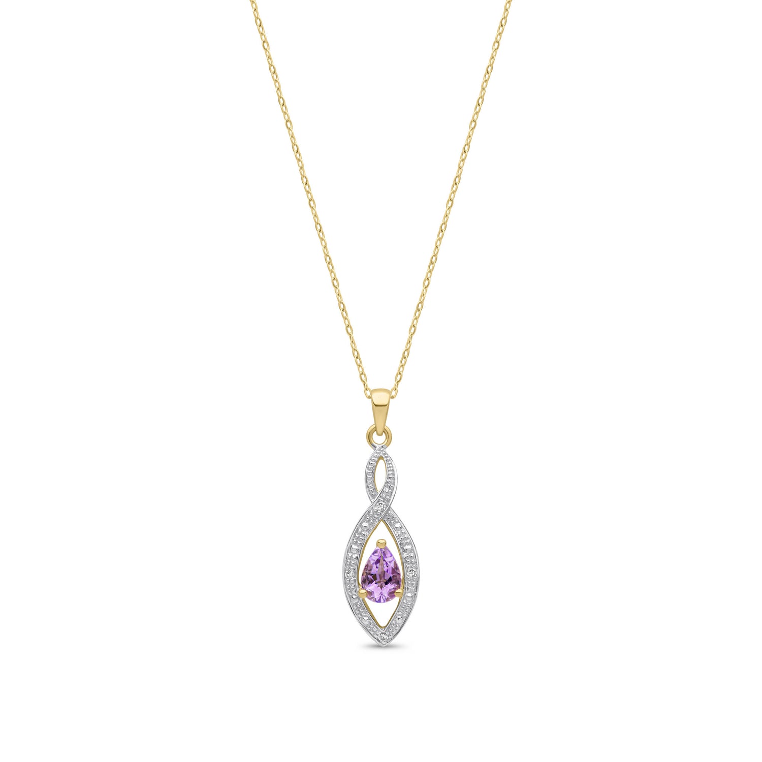 9ct Yellow Gold Natural Pear Shaped Amethyst and Round Diamond Teardrop Pendant