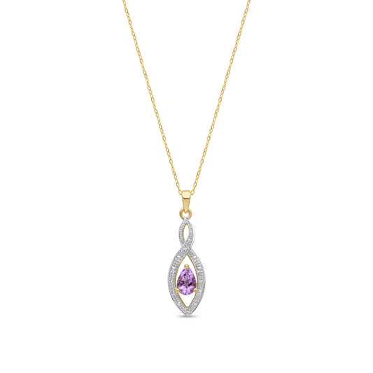 9ct Yellow Gold Natural Pear Shaped Amethyst and Round Diamond Teardrop Pendant