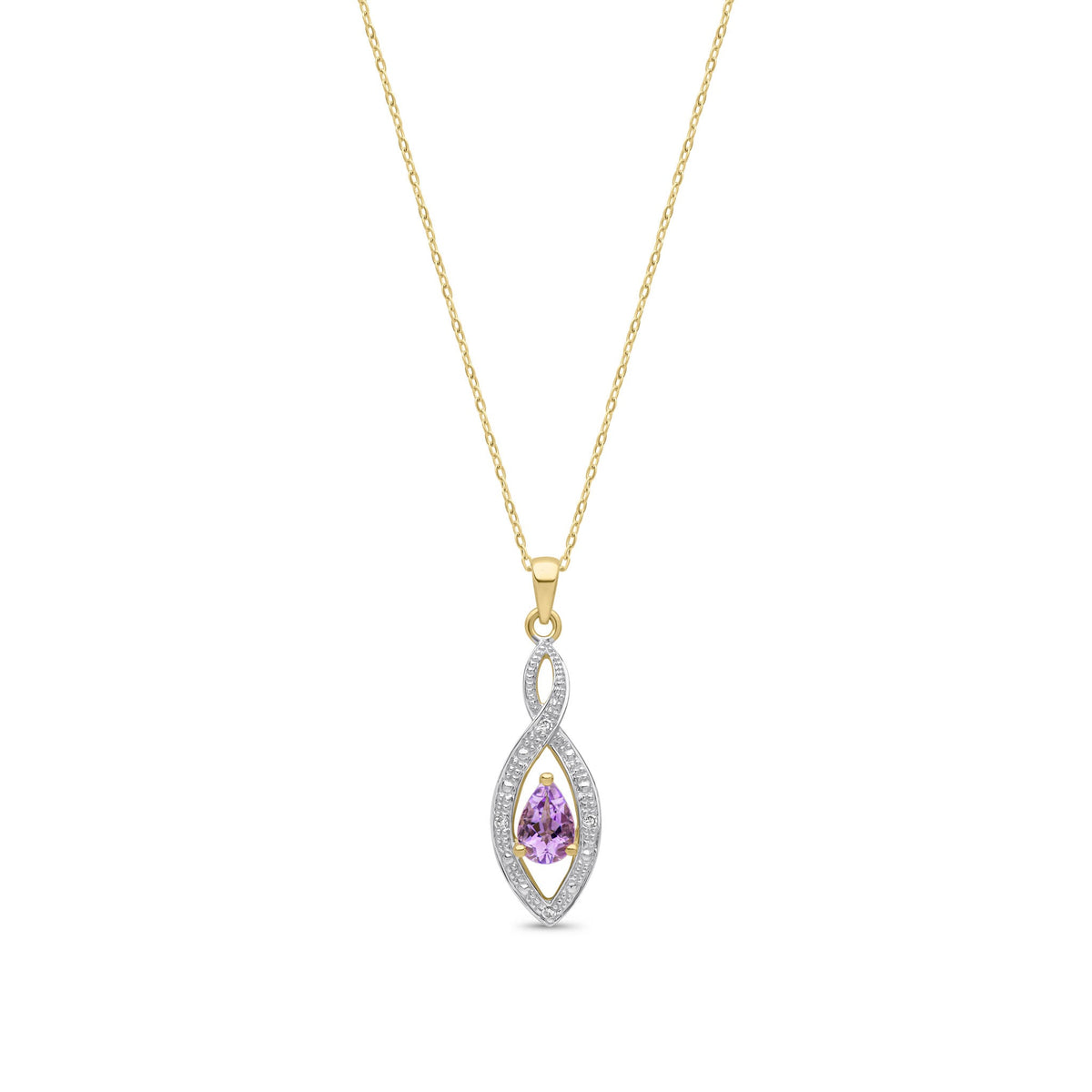 9ct Yellow Gold Pear Natural Amethyst & Diamond Teardrop Pendant — 6x4mm