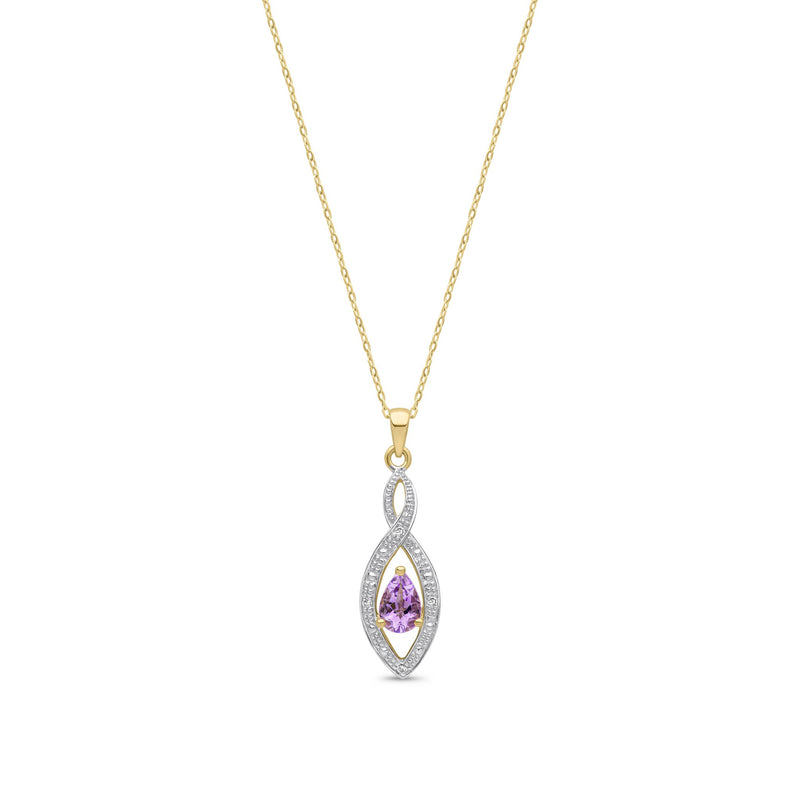 9ct Yellow Gold Pear Natural Amethyst & Diamond Teardrop Pendant — 6x4mm