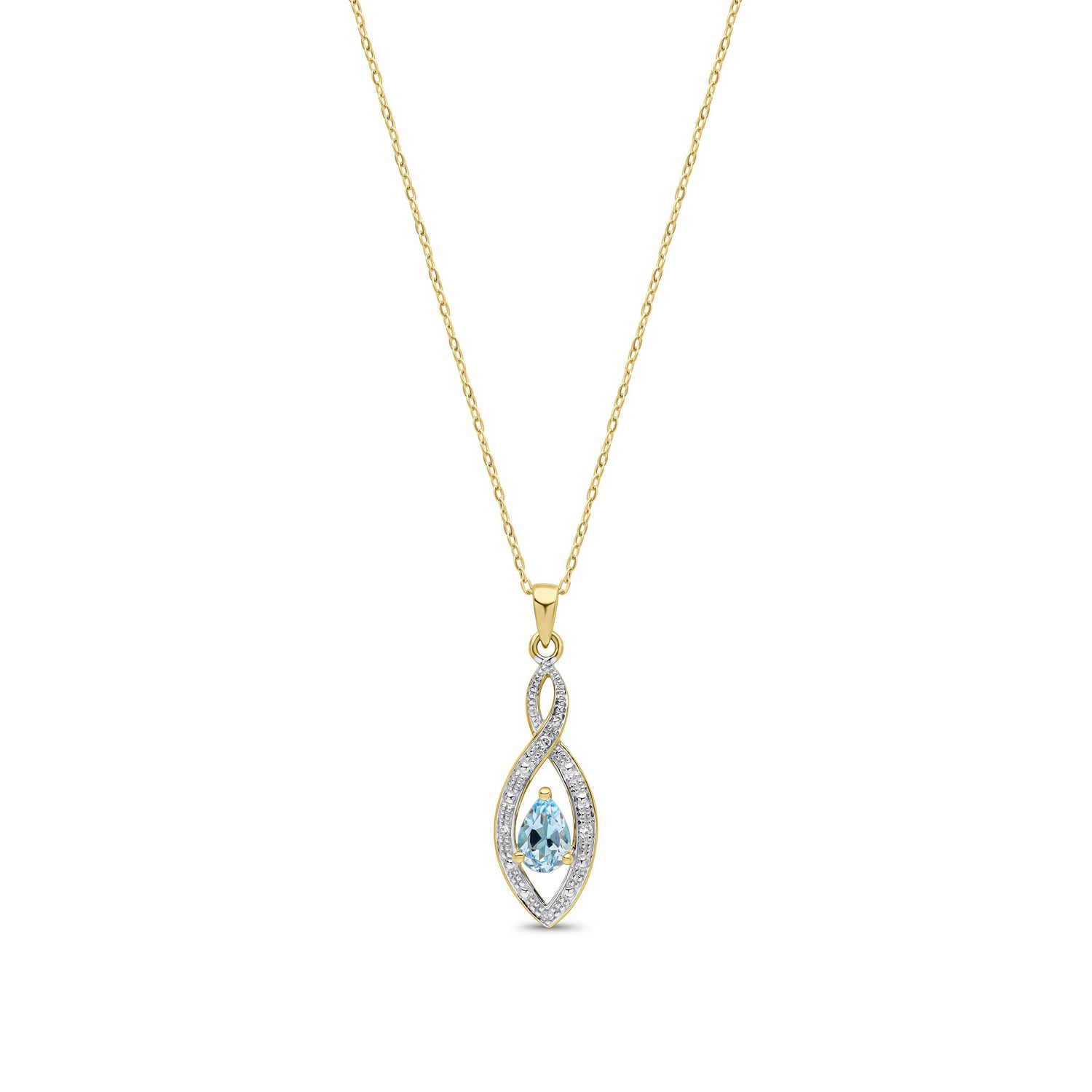 9ct Yellow Gold Natural Pear Shaped Swiss Blue Topaz and Round Diamond Teardrop Pendant