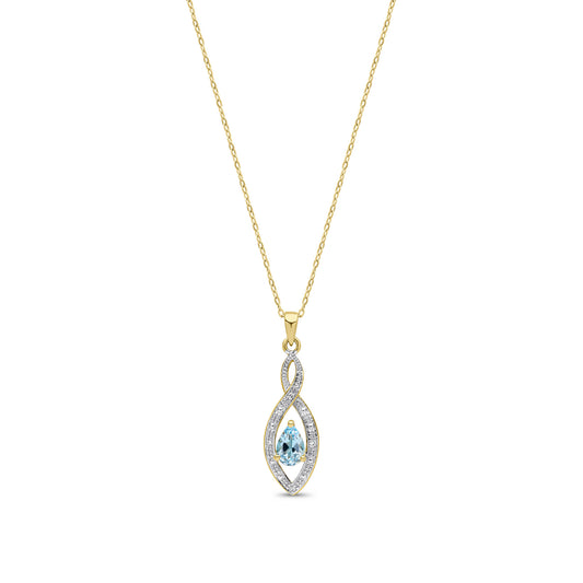 9ct Yellow Gold Natural Pear Shaped Swiss Blue Topaz and Round Diamond Teardrop Pendant