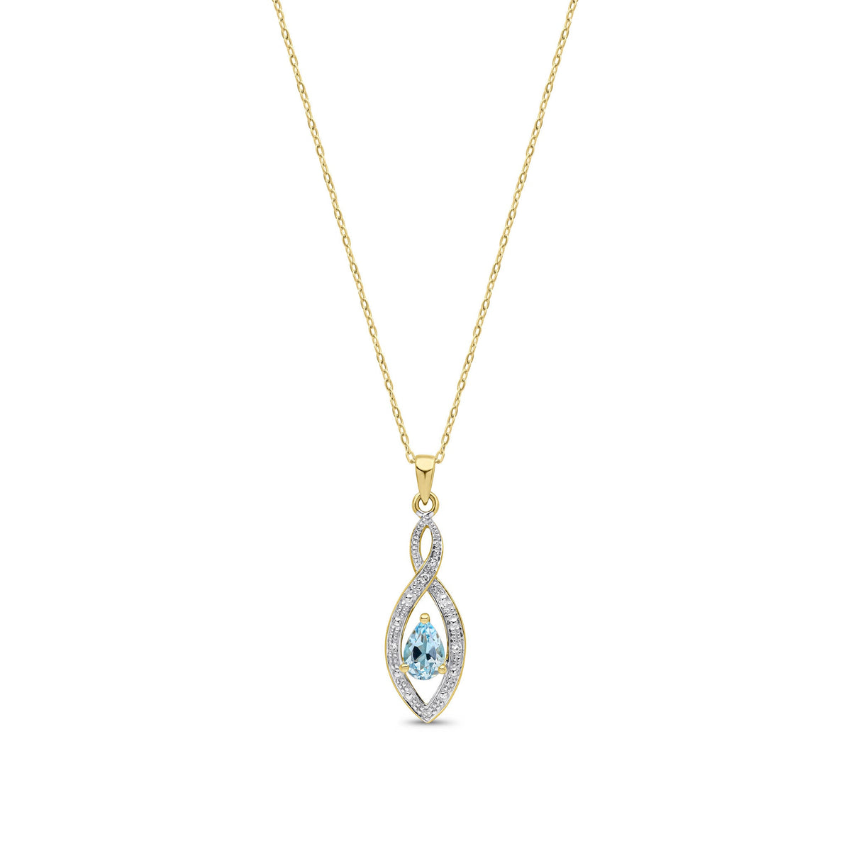 9ct Yellow Gold Pear Natural Swiss Blue Topaz & Diamond Teardrop Pendant — 6x4mm