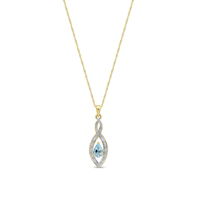 9ct Yellow Gold Pear Natural Swiss Blue Topaz & Diamond Teardrop Pendant — 6x4mm