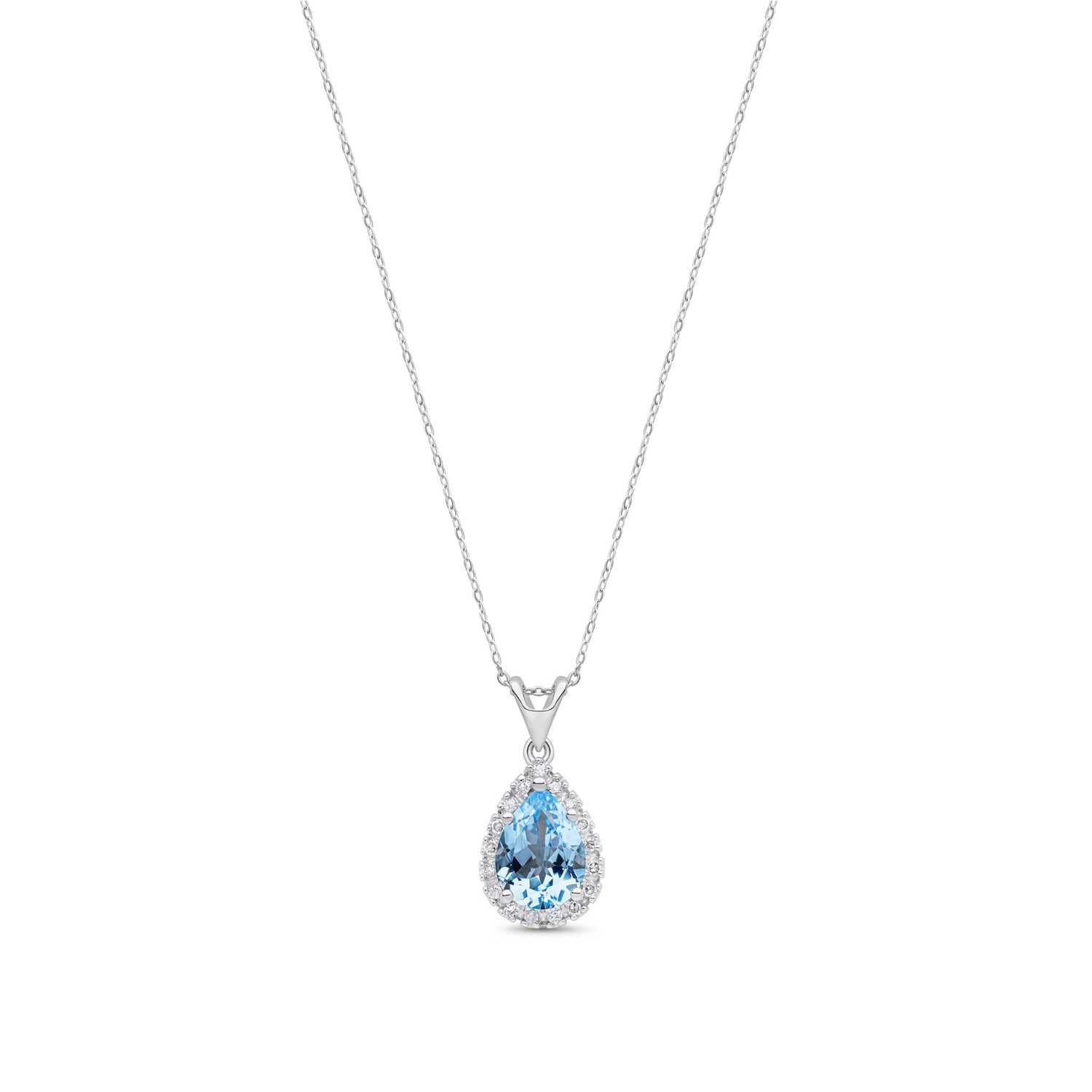 9ct White Gold Natural Pear Shaped Aquamarine and Round Diamond Halo Pendant