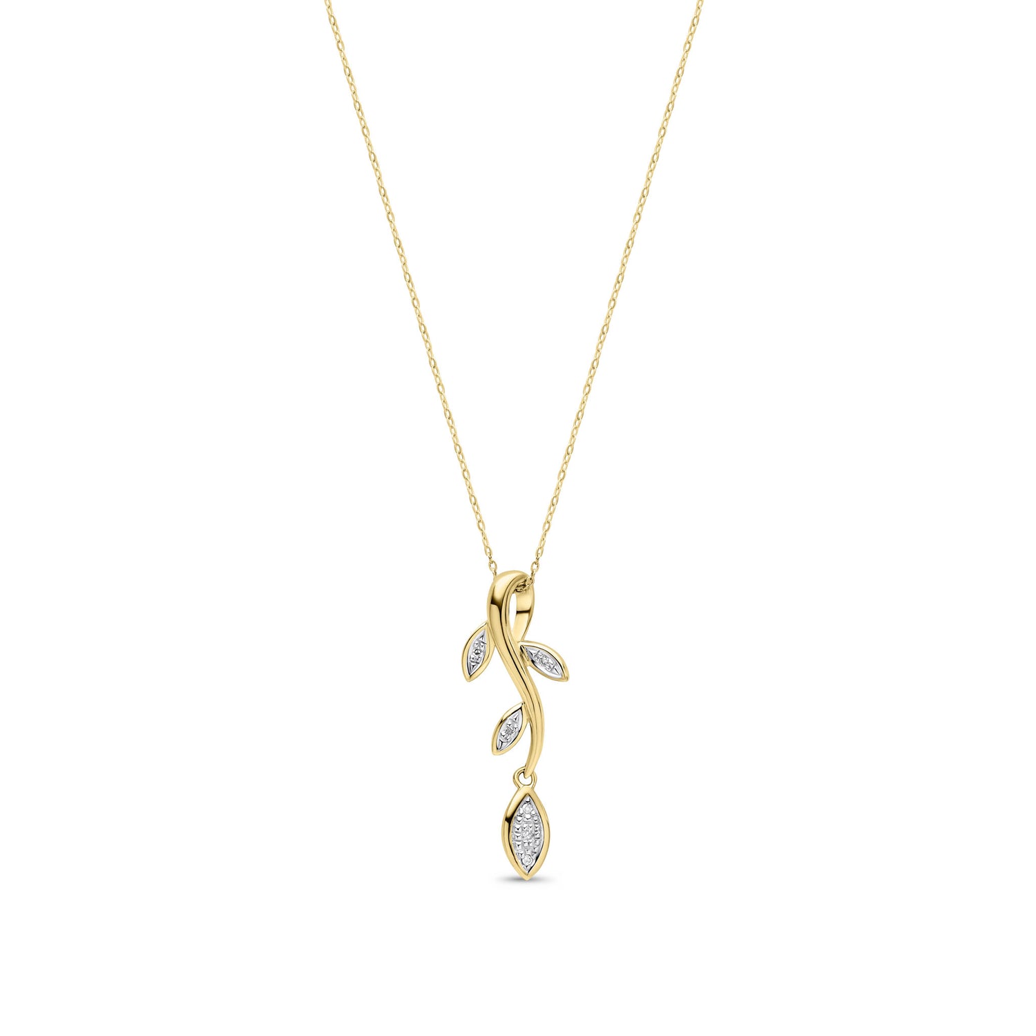 9ct Yellow Gold Natural Round Diamond Leaf Drop Pendant