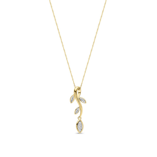 9ct Yellow Gold Natural Round Diamond Leaf Drop Pendant