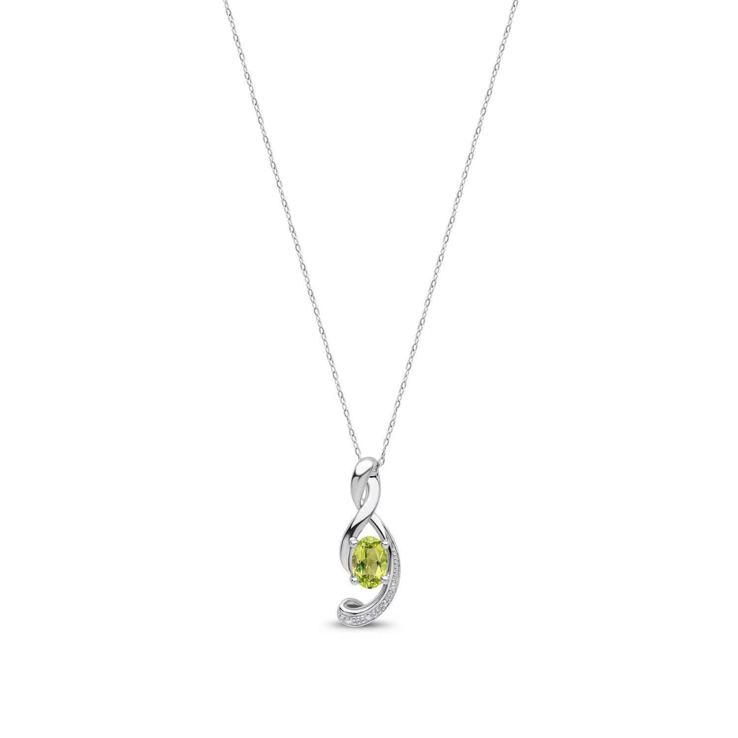 9ct White Gold Natural Oval Peridot and Round Diamond Swirl Pendant