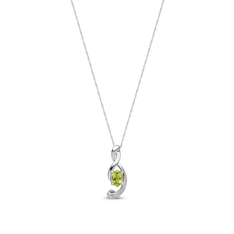 9ct White Gold Oval Natural Peridot & Diamond Swirl Pendant — 6x4mm