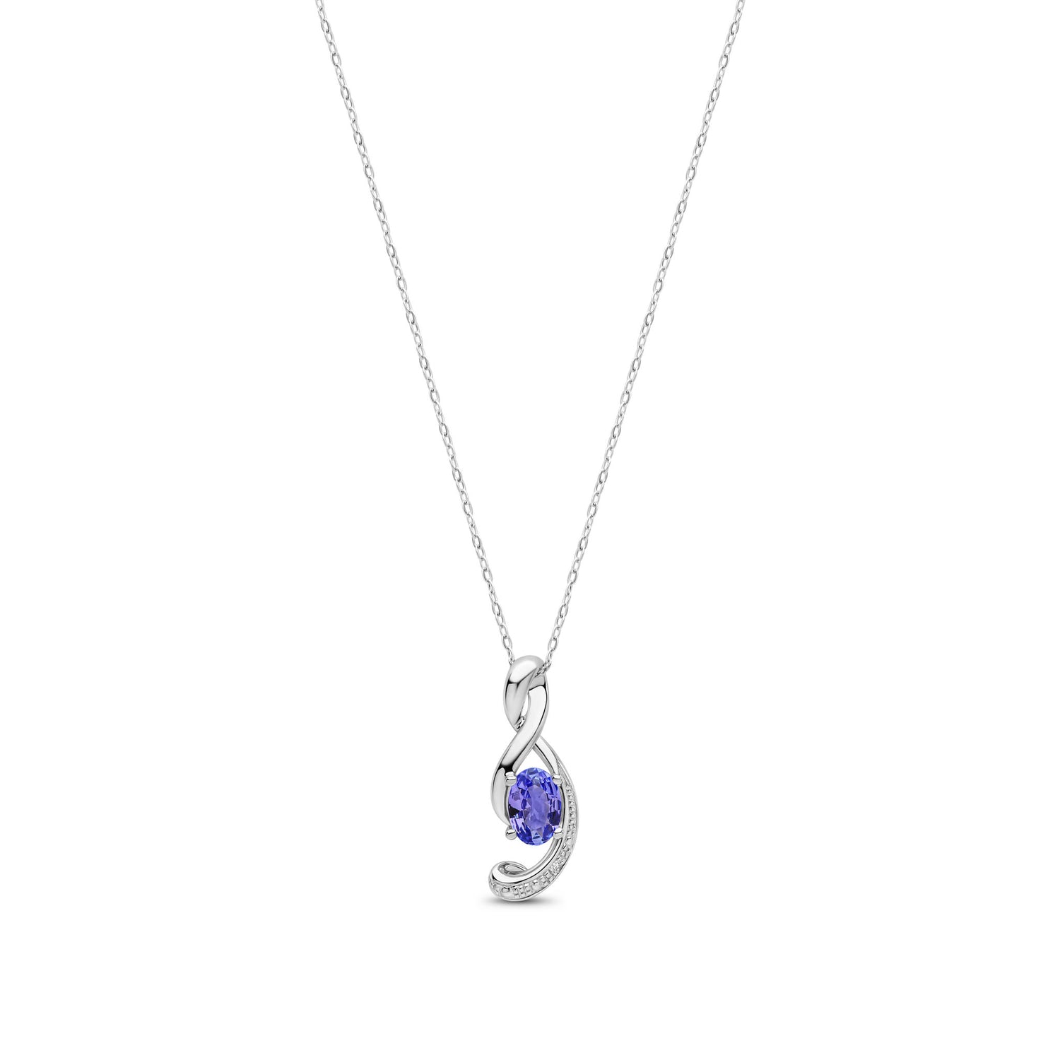 9ct White Gold Natural Oval Tanzanite and Round Diamond Swirl Pendant